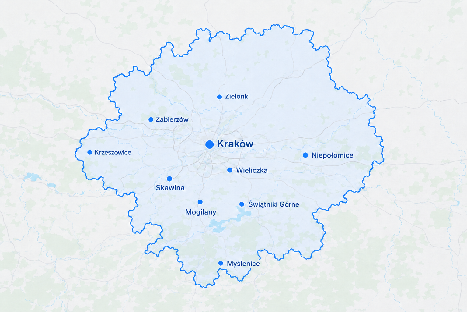 Dostawa wody Kraków i okolice, mapa strefy dostaw Woda Źródełko