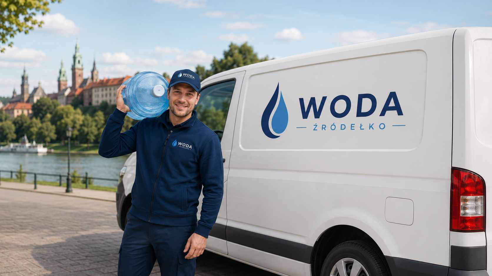 Dostawca wody Kraków: pracownik Woda Źródełko niesie baniak 19L na tle charakterystycznych miejsc Krakowa, obok samochód dostawczy