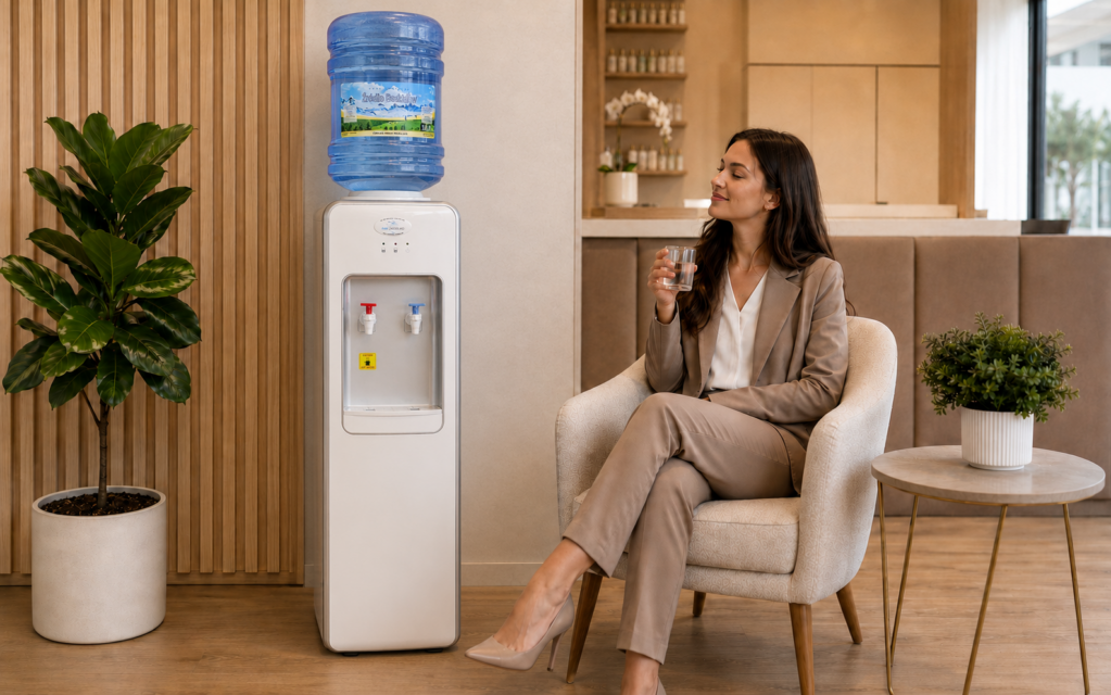Dystrybutor wody w poczekalni salonu z klientką trzymającą szklankę wody